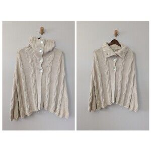 Vintage Hand Loomed Poncho Cape Sweater Cottage Organic Cotton Silk Cable Knit